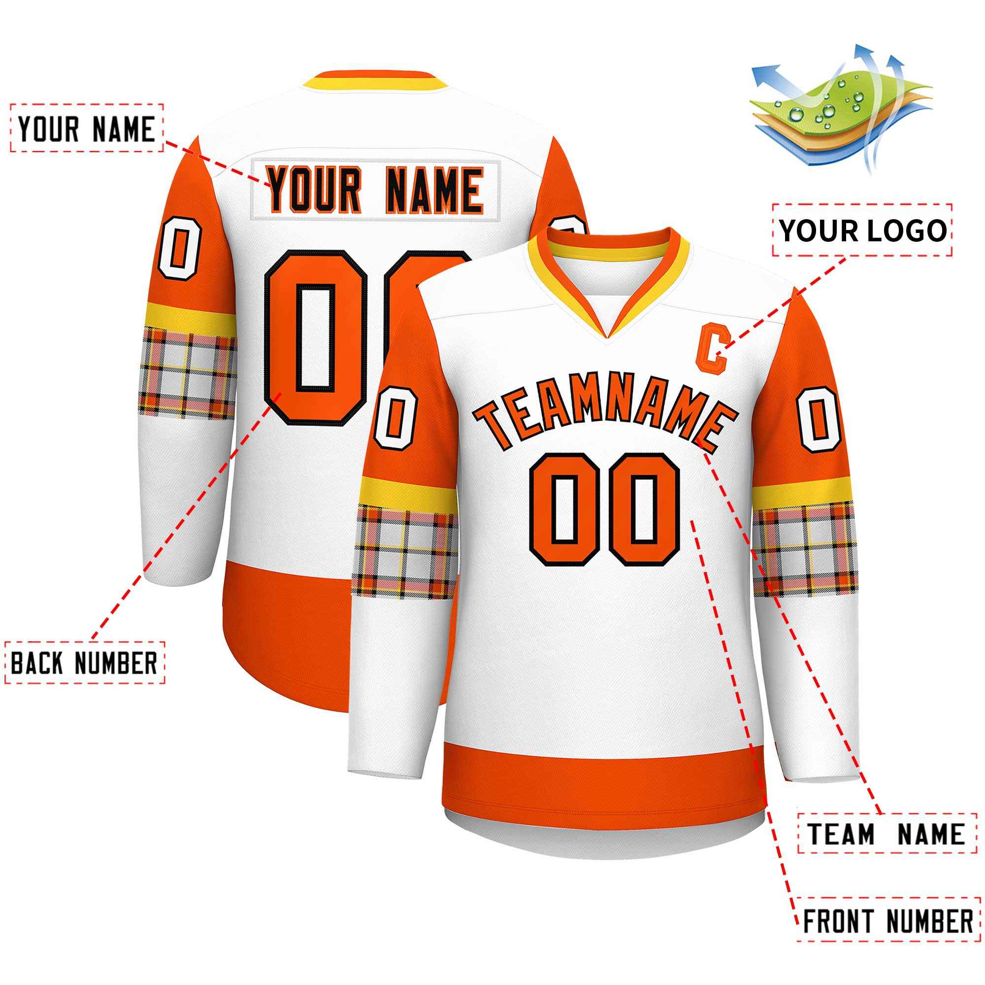 Custom White Orange-Orange Personalized Raglan Sleeves V-Neck Hockey Jersey