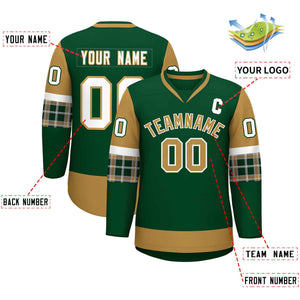 Custom Green Old Gold-White Personalized Raglan Sleeves V-Neck Hockey Jersey