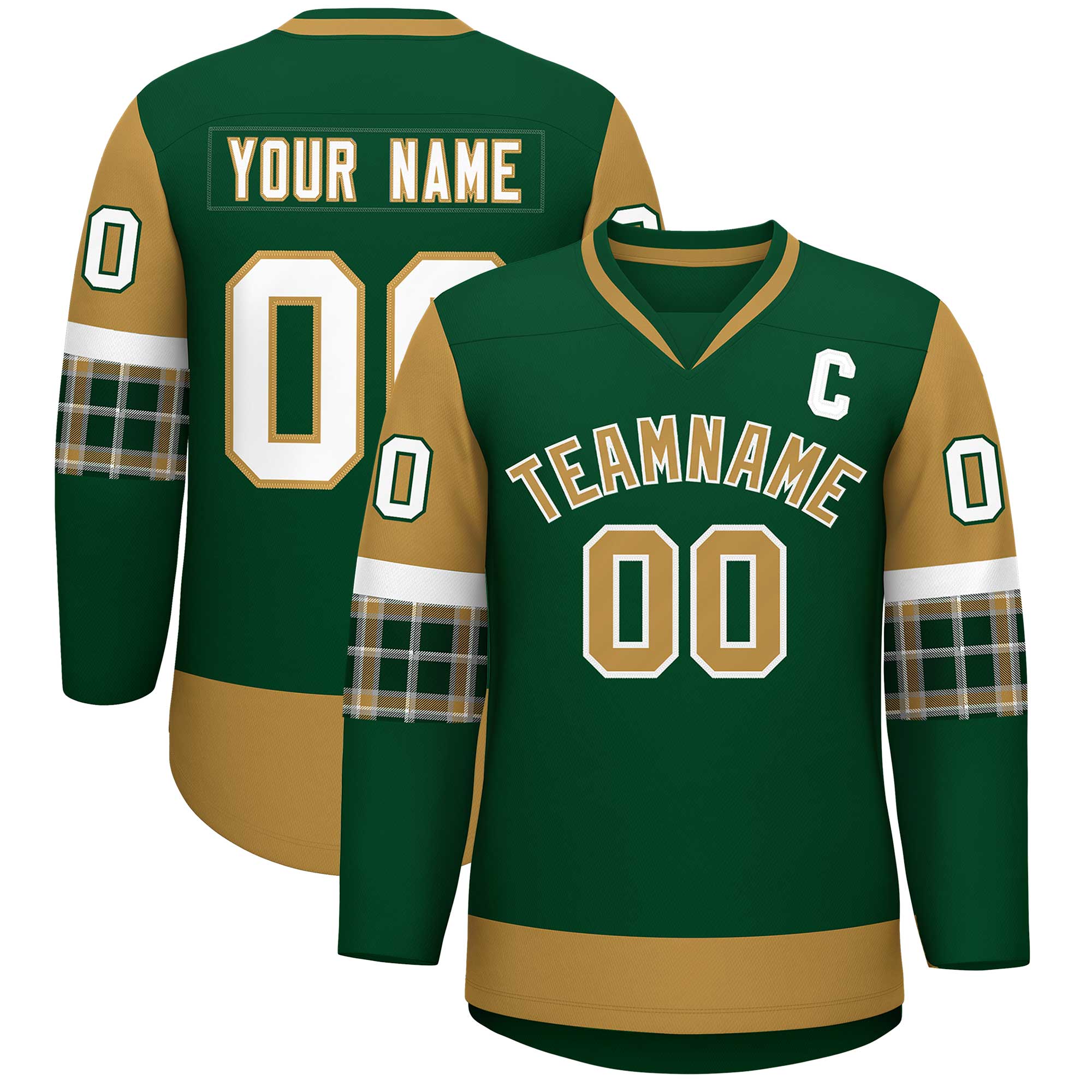 Custom Green Old Gold-White Personalized Raglan Sleeves V-Neck Hockey Jersey