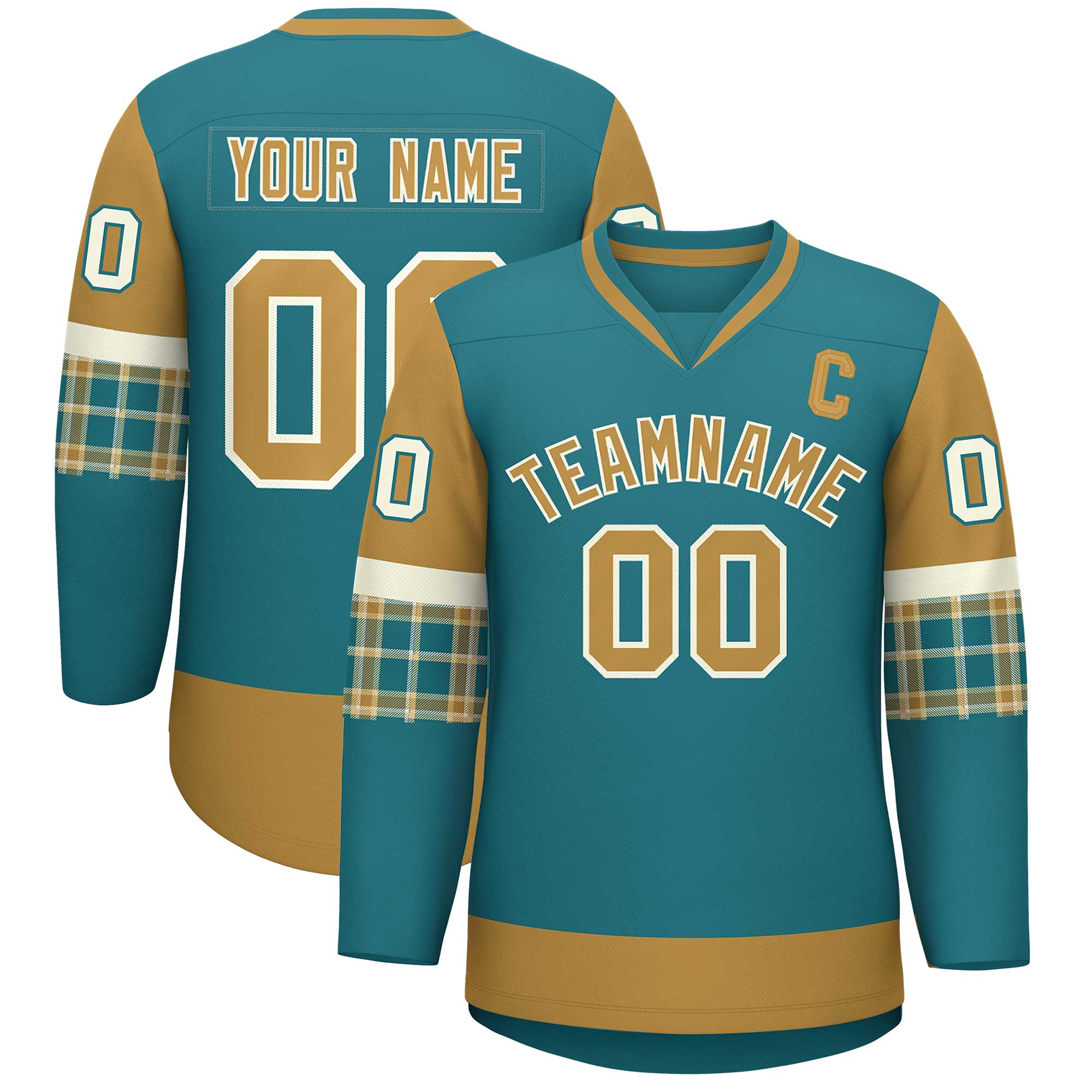 Custom Aqua Old Gold-Old Gold Personalized Raglan Sleeves V-Neck Hockey Jersey