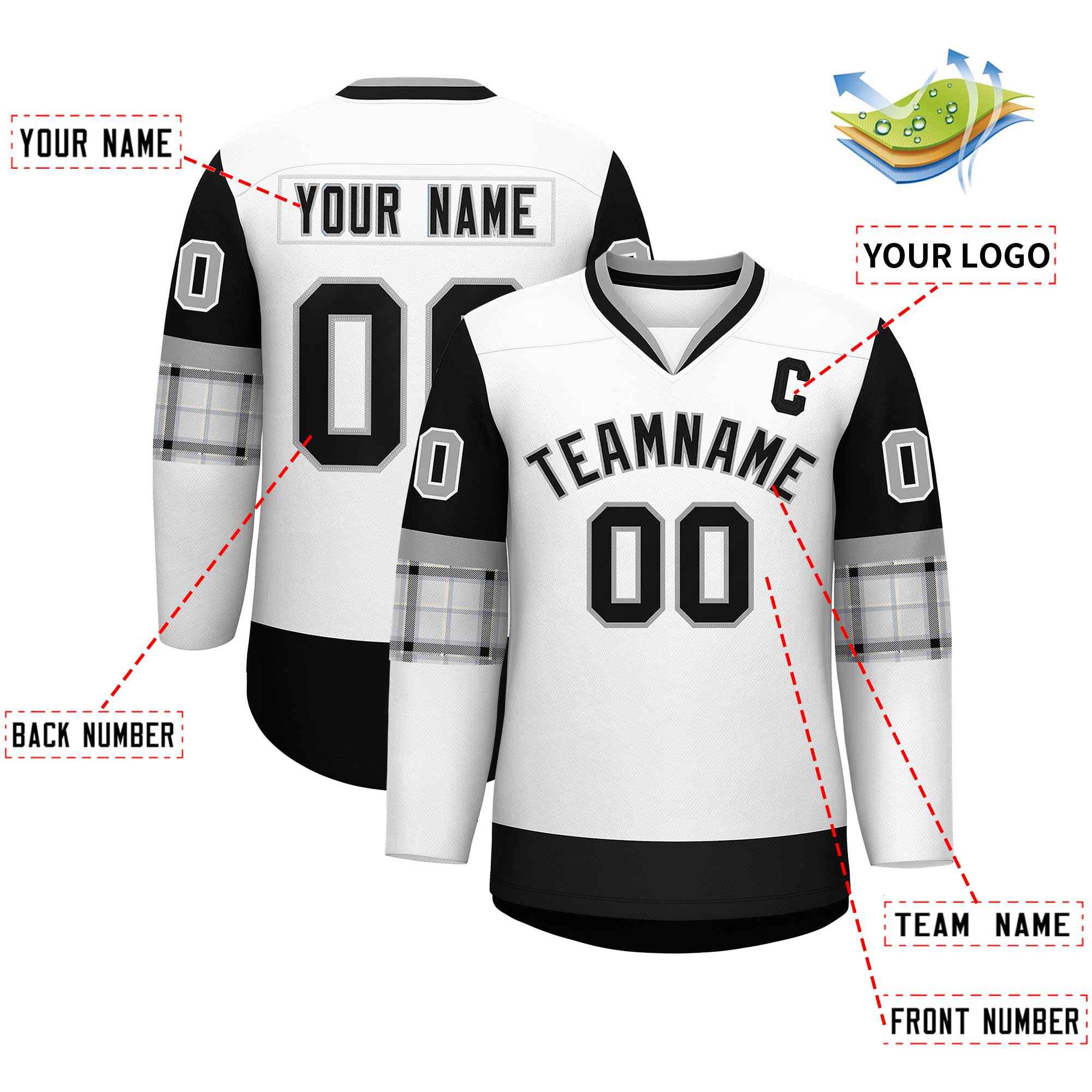 Custom White Black-Black Personalized Raglan Sleeves V-Neck Hockey Jersey