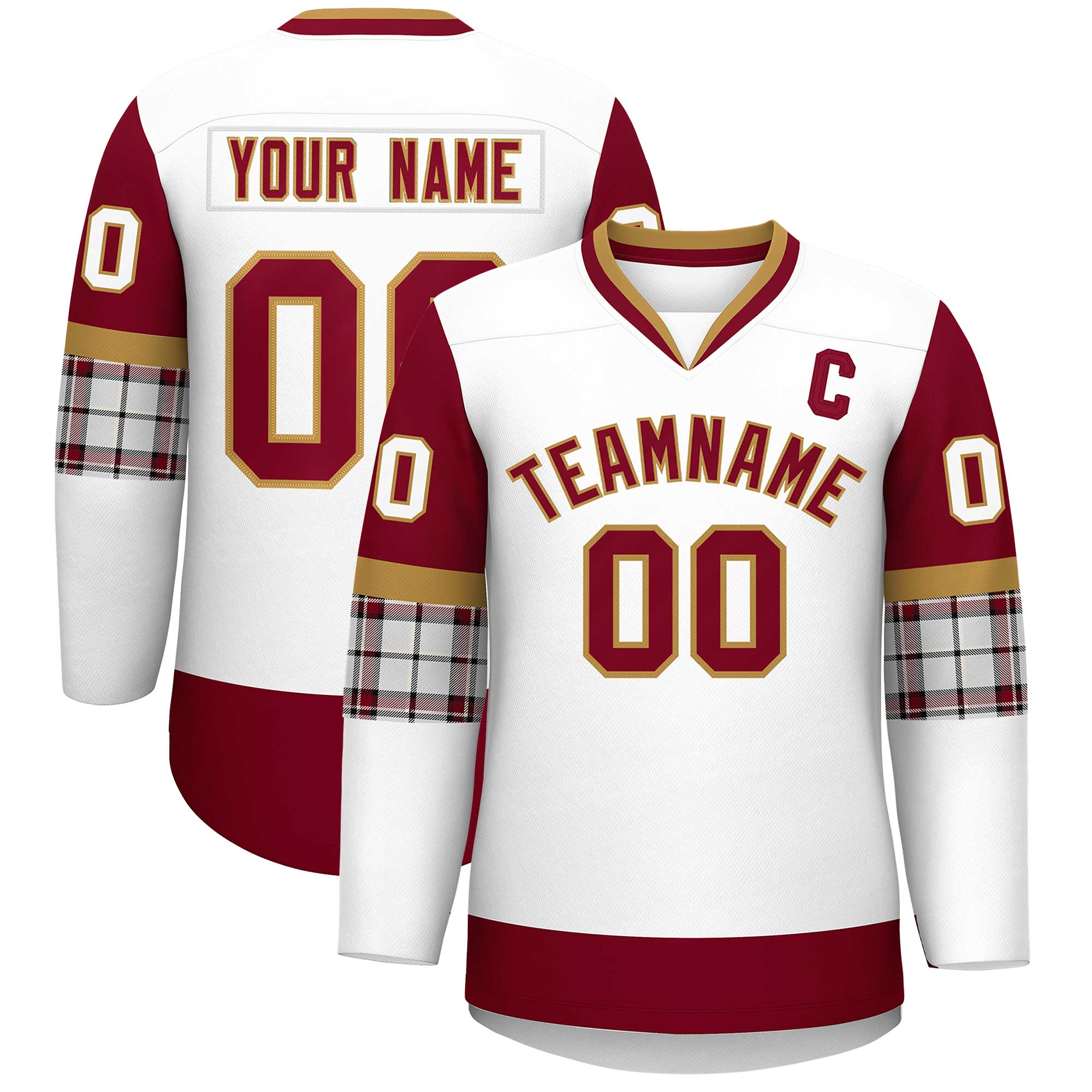 Custom White Crimson-Crimson Personalized Raglan Sleeves V-Neck Hockey Jersey