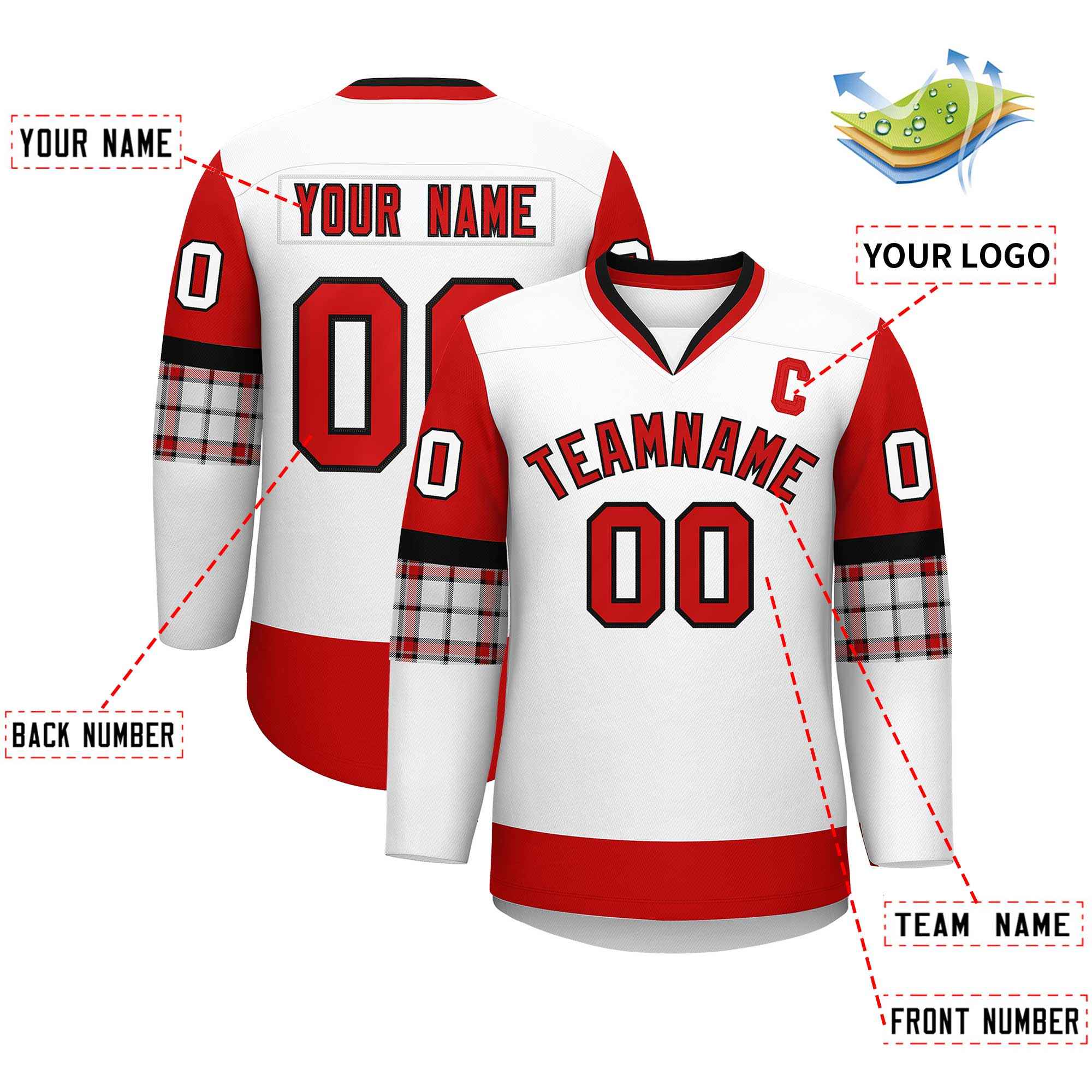 Custom White Red-Red Personalized Raglan Sleeves V-Neck Hockey Jersey