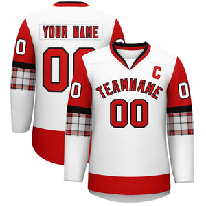 Custom White Red-Red Personalized Raglan Sleeves V-Neck Hockey Jersey