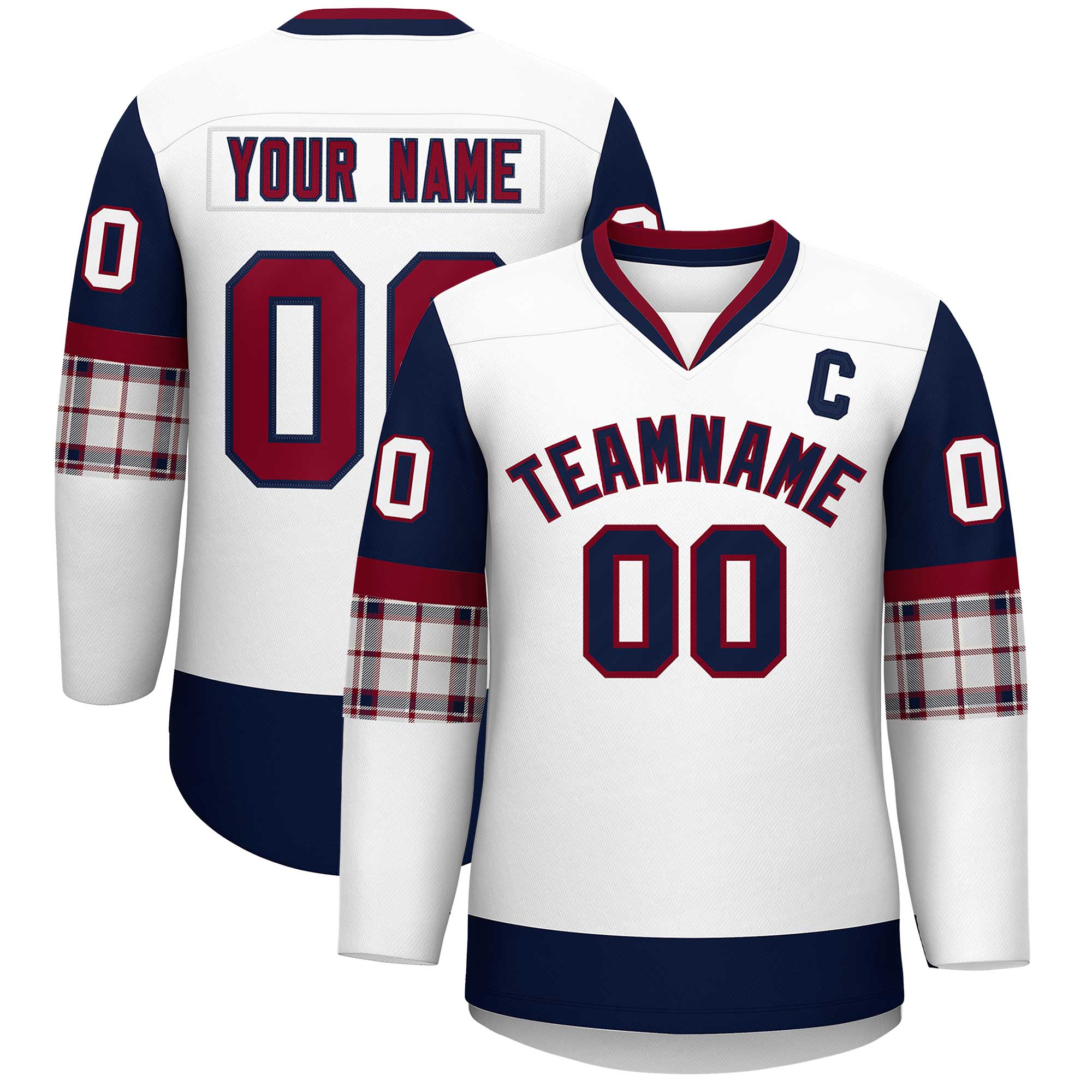 Custom White Navy-Crimson Personalized Raglan Sleeves V-Neck Hockey Jersey