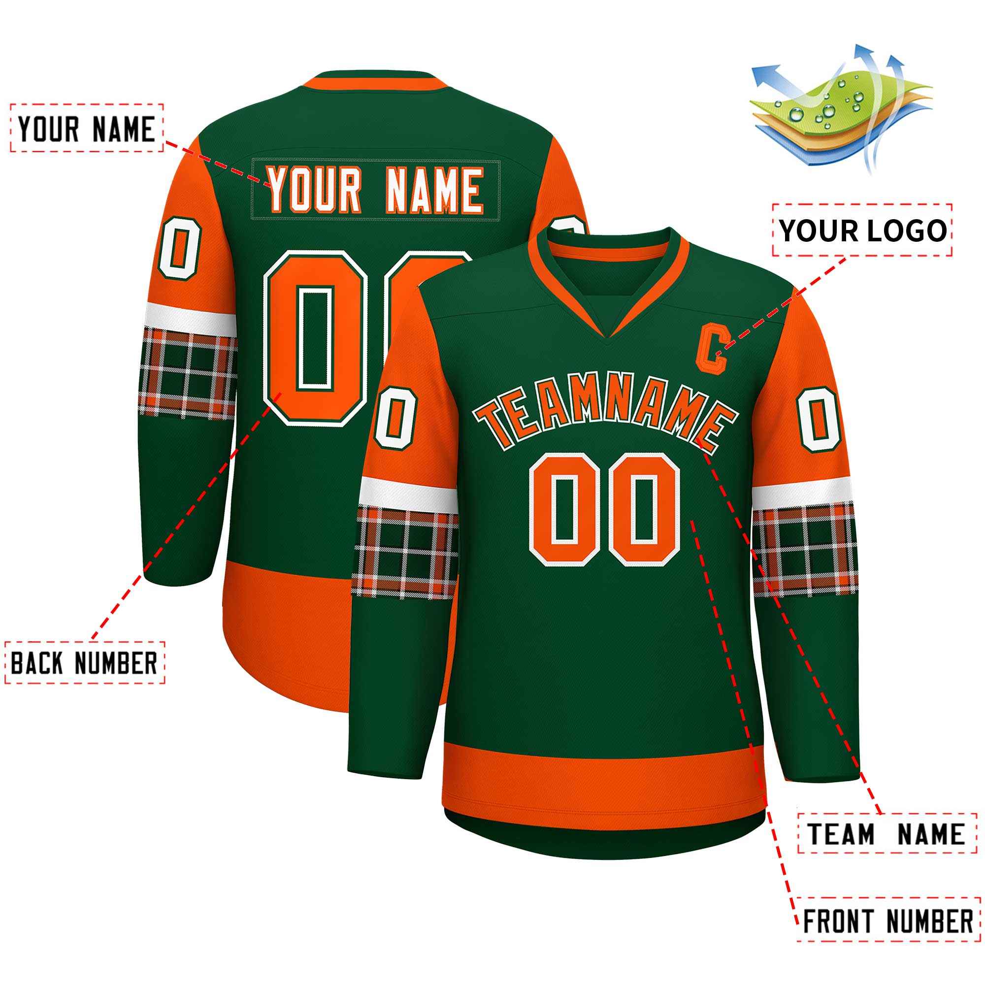 Custom Green Orange-Orange Personalized Raglan Sleeves V-Neck Hockey Jersey