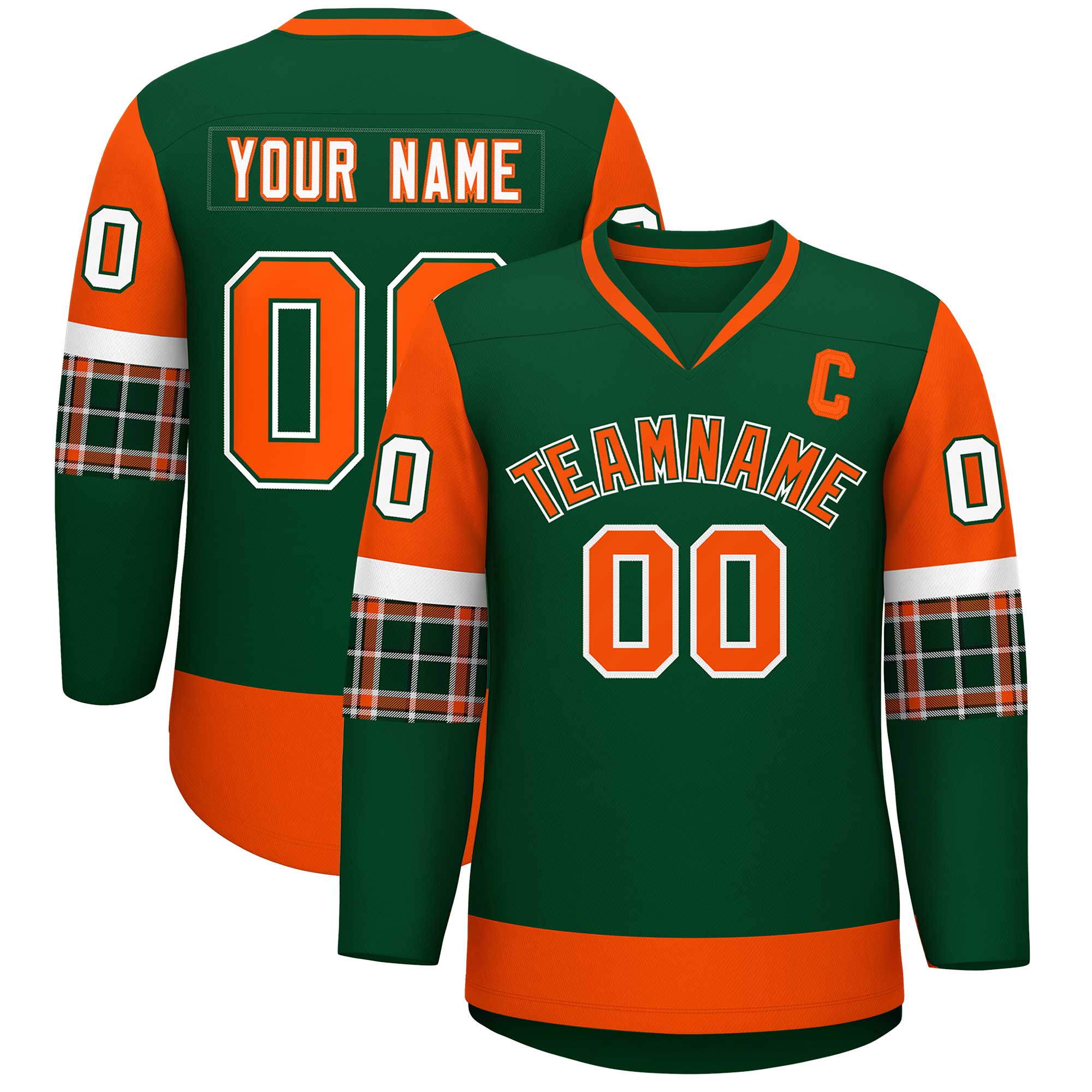 Custom Green Orange-Orange Personalized Raglan Sleeves V-Neck Hockey Jersey