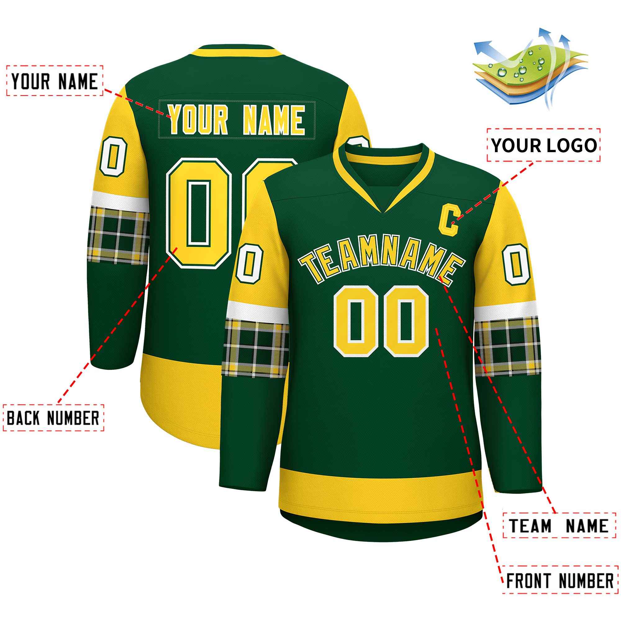 Custom Green Gold-Gold Personalized Raglan Sleeves V-Neck Hockey Jersey