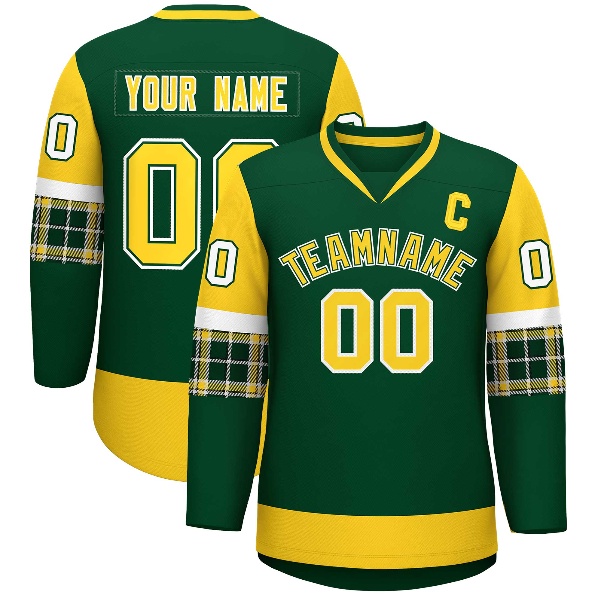 Custom Green Gold-Gold Personalized Raglan Sleeves V-Neck Hockey Jersey