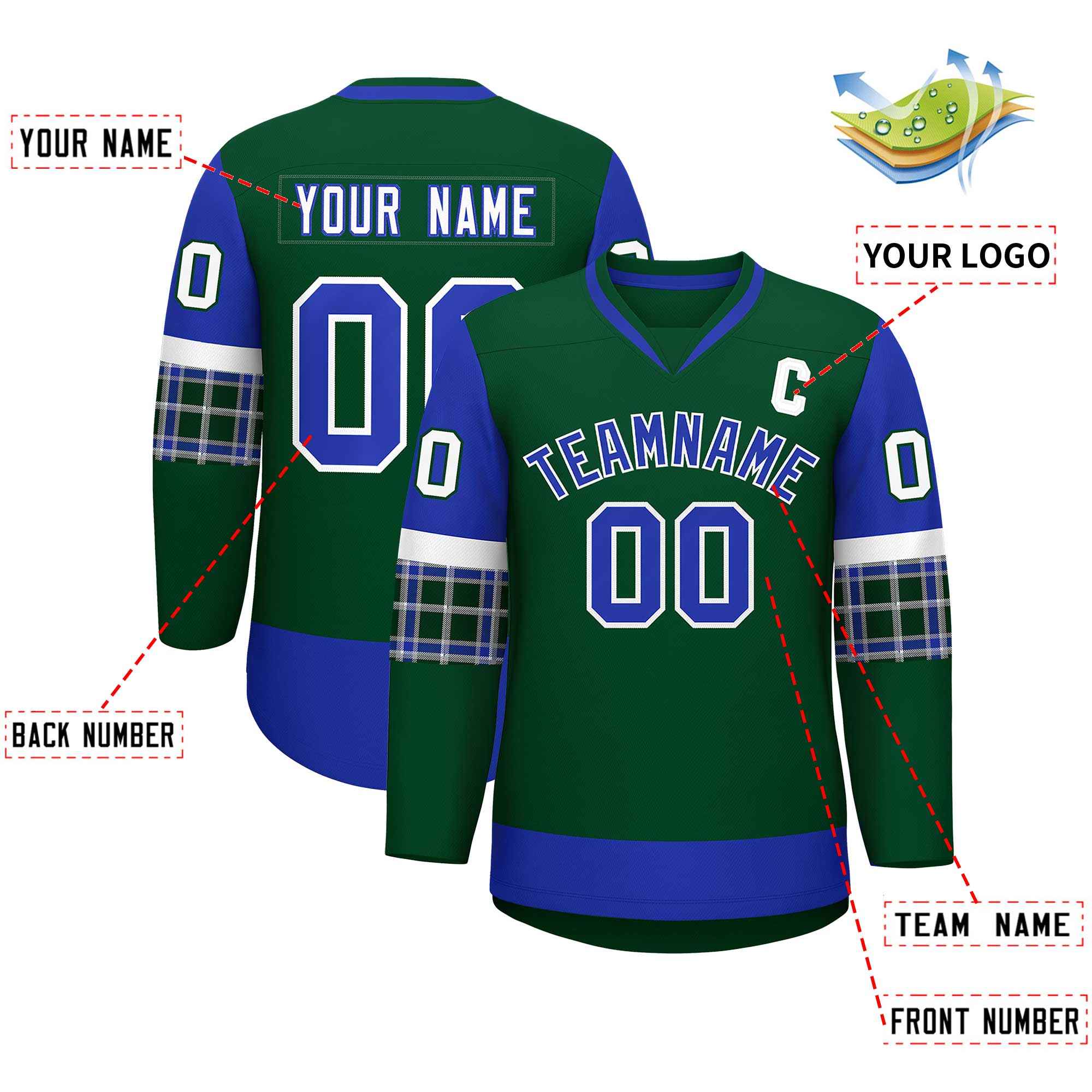 Custom Green Royal-Royal Personalized Raglan Sleeves V-Neck Hockey Jersey