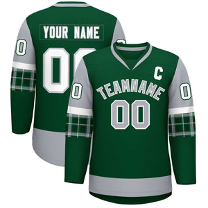 Custom Green Gray-White Personalized Raglan Sleeves V-Neck Hockey Jersey