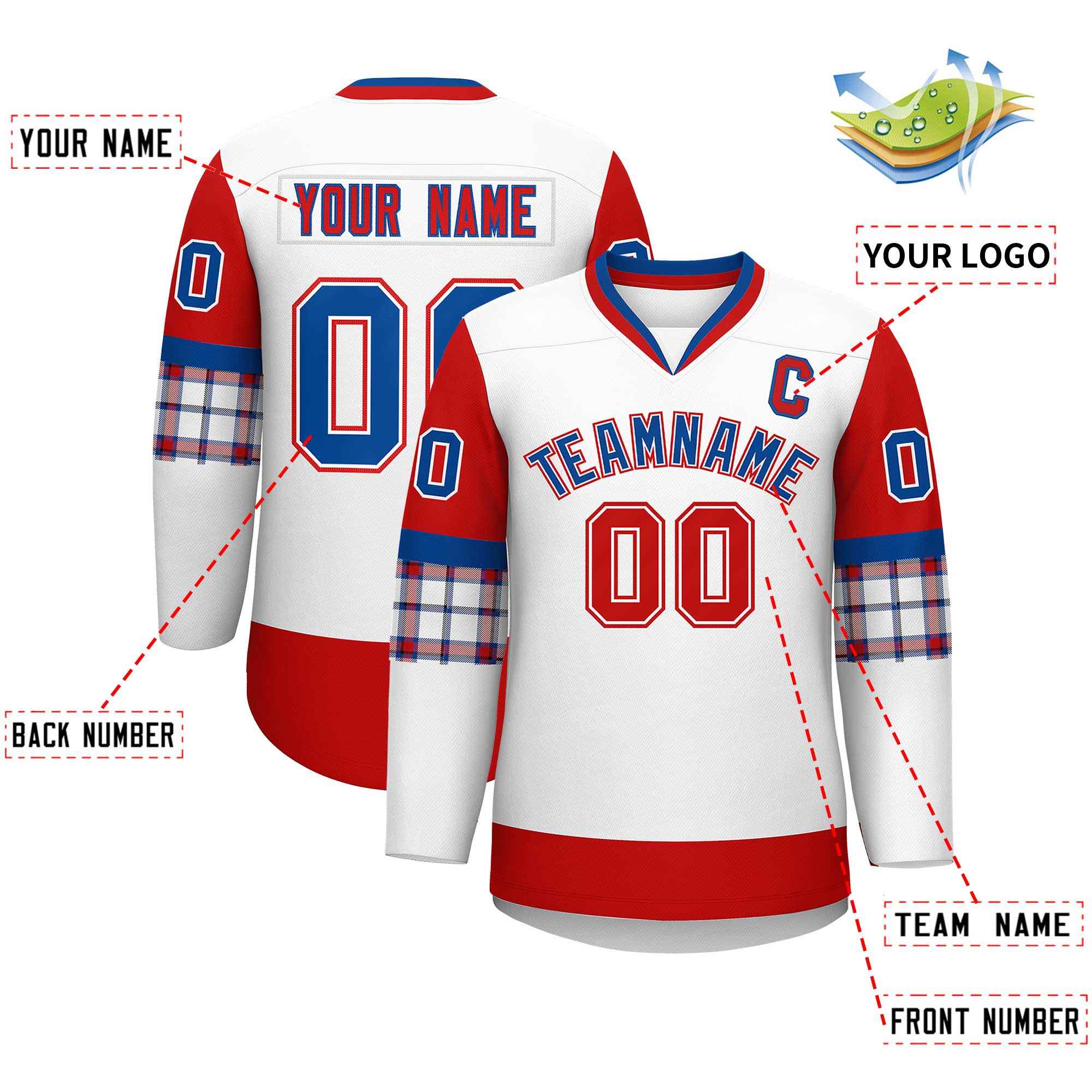 Custom White Red-Royal Personalized Raglan Sleeves V-Neck Hockey Jersey