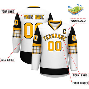 Custom White Black-Yellow Personalized Raglan Sleeves V-Neck Hockey Jersey