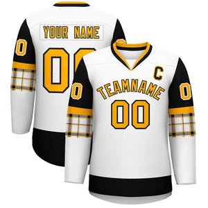 Custom White Black-Yellow Personalized Raglan Sleeves V-Neck Hockey Jersey