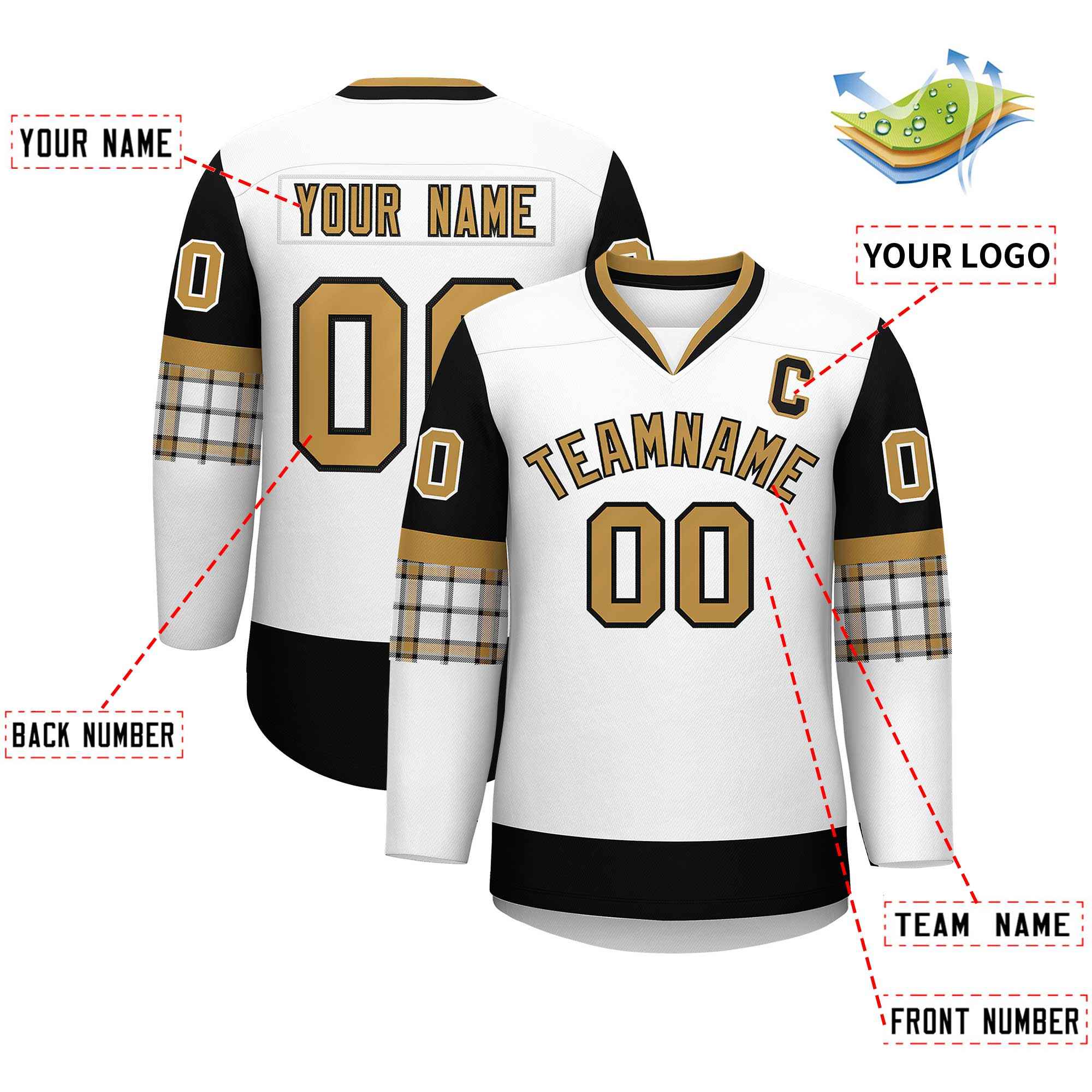 Custom White Black-Old Gold Personalized Raglan Sleeves V-Neck Hockey Jersey