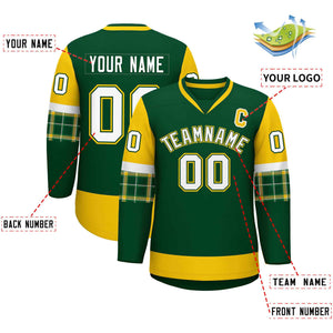 Custom Green Gold-White Personalized Raglan Sleeves V-Neck Hockey Jersey