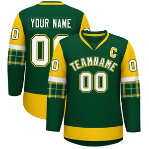 Custom Green Gold-White Personalized Raglan Sleeves V-Neck Hockey Jersey