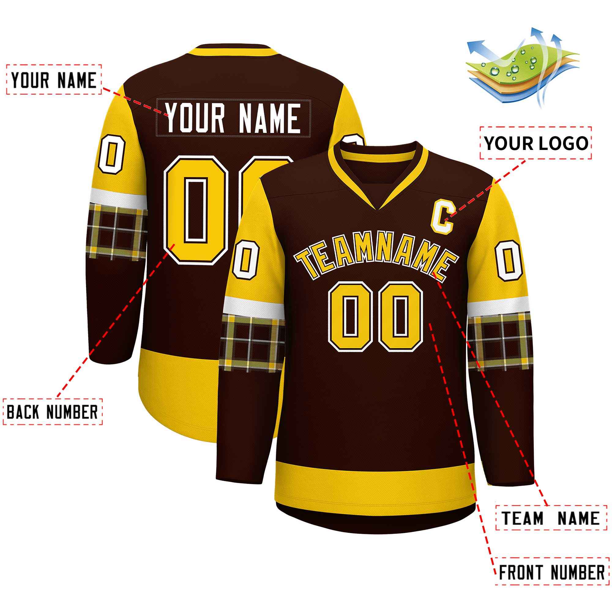 Custom Brown Gold-Gold Personalized Raglan Sleeves V-Neck Hockey Jersey