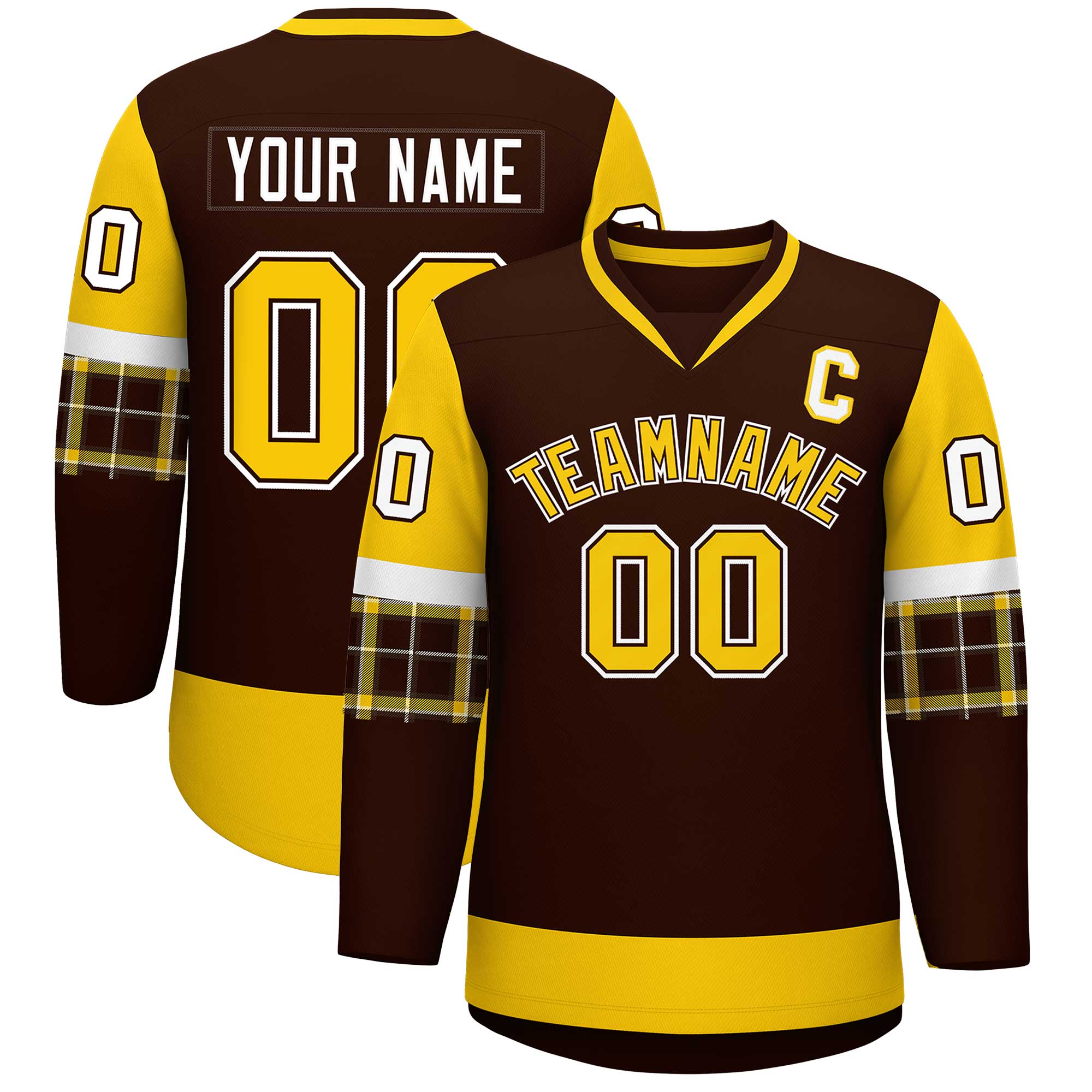 Custom Brown Gold-Gold Personalized Raglan Sleeves V-Neck Hockey Jersey