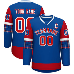 Custom Royal Red-Red Personalized Raglan Sleeves V-Neck Hockey Jersey