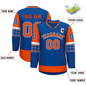 Custom Royal Orange-Orange Personalized Raglan Sleeves V-Neck Hockey Jersey