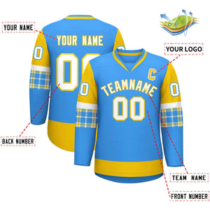 Custom Powder Blue Gold-White Personalized Raglan Sleeves V-Neck Hockey Jersey