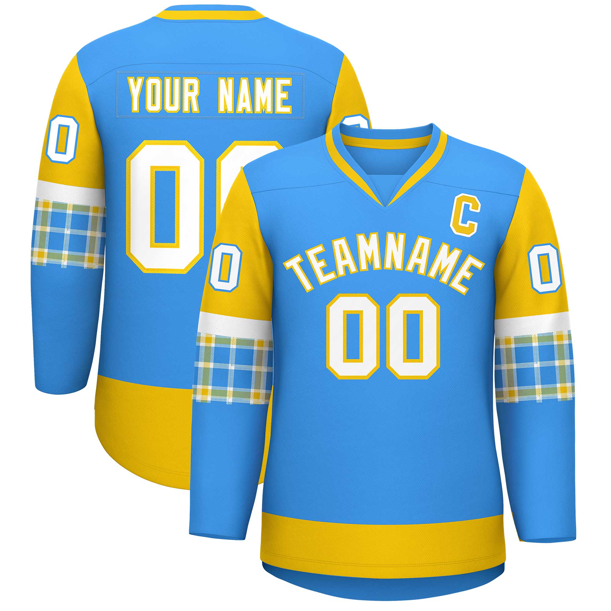 Custom Powder Blue Gold-White Personalized Raglan Sleeves V-Neck Hockey Jersey