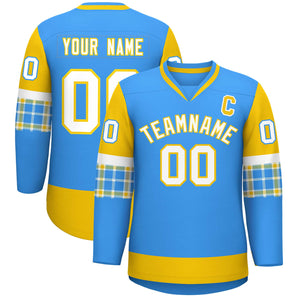 Custom Powder Blue Gold-White Personalized Raglan Sleeves V-Neck Hockey Jersey