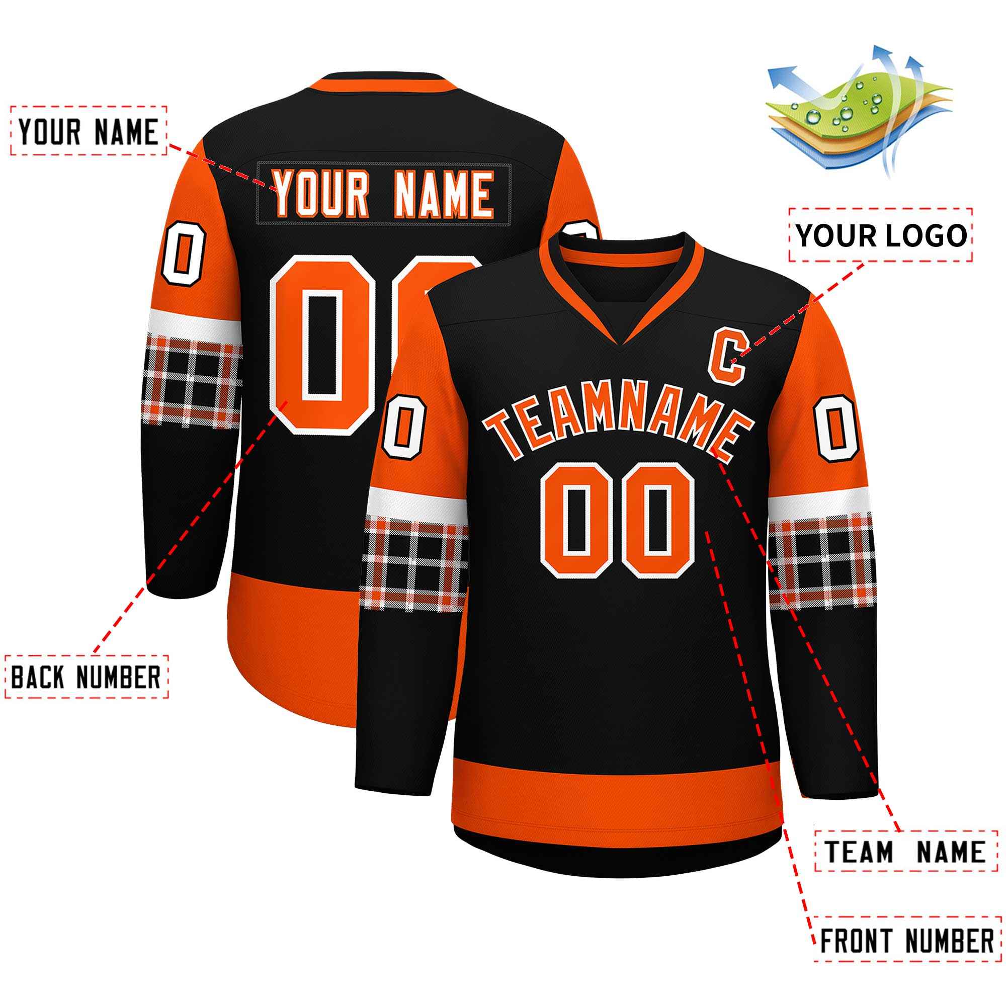 Custom Black Orange-Orange Personalized Raglan Sleeves V-Neck Hockey Jersey