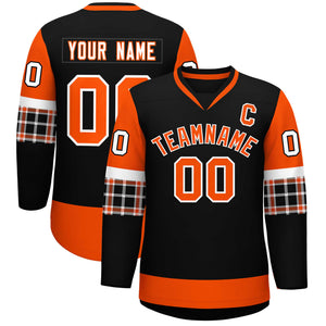 Custom Black Orange-Orange Personalized Raglan Sleeves V-Neck Hockey Jersey