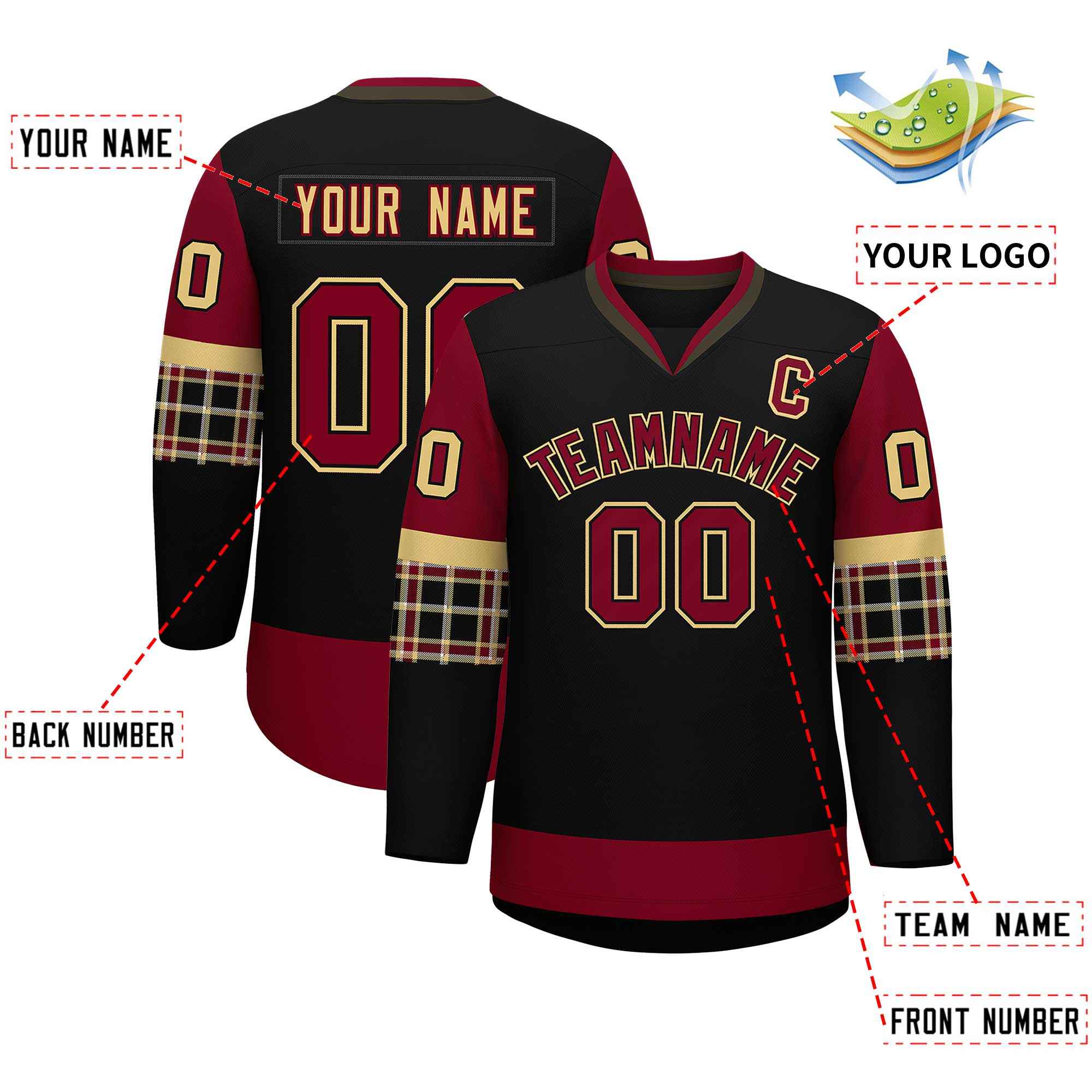 Custom Black Crimson-Crimson Personalized Raglan Sleeves V-Neck Hockey Jersey