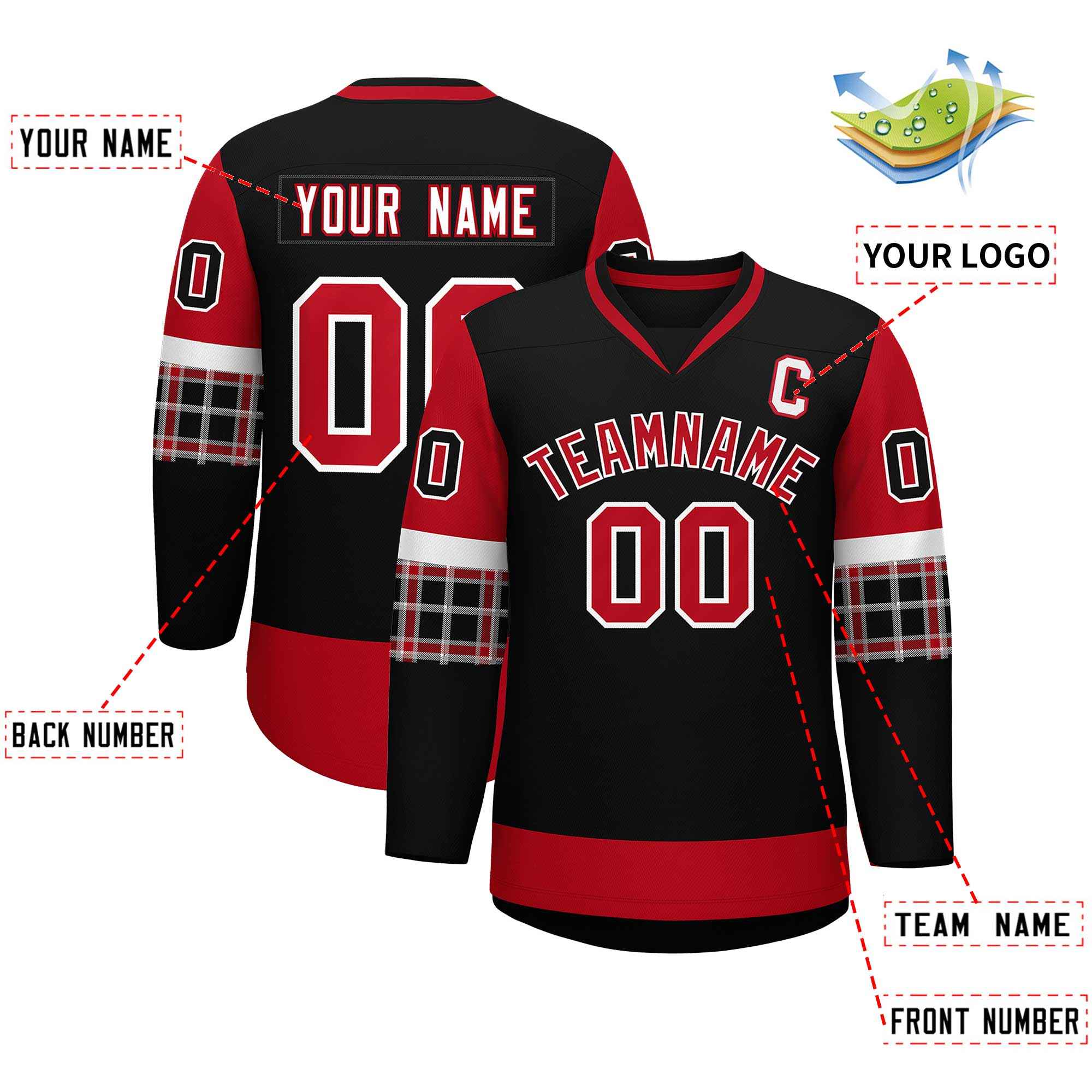 Custom Black Red-Red Personalized Raglan Sleeves V-Neck Hockey Jersey