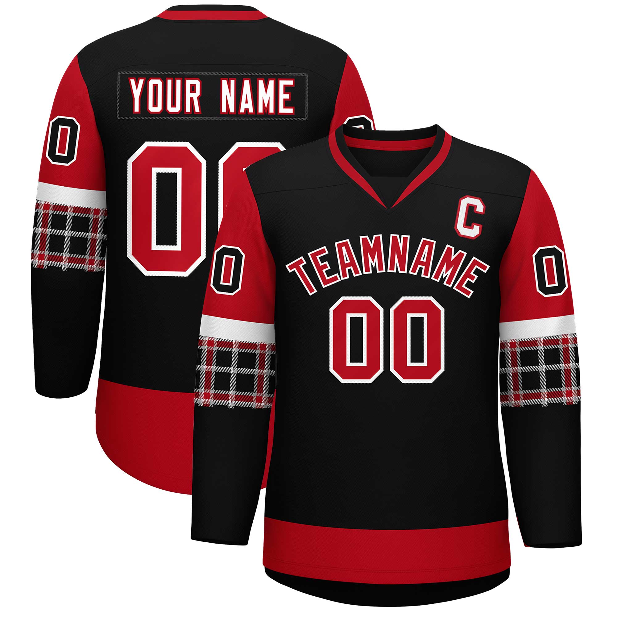 Custom Black Red-Red Personalized Raglan Sleeves V-Neck Hockey Jersey