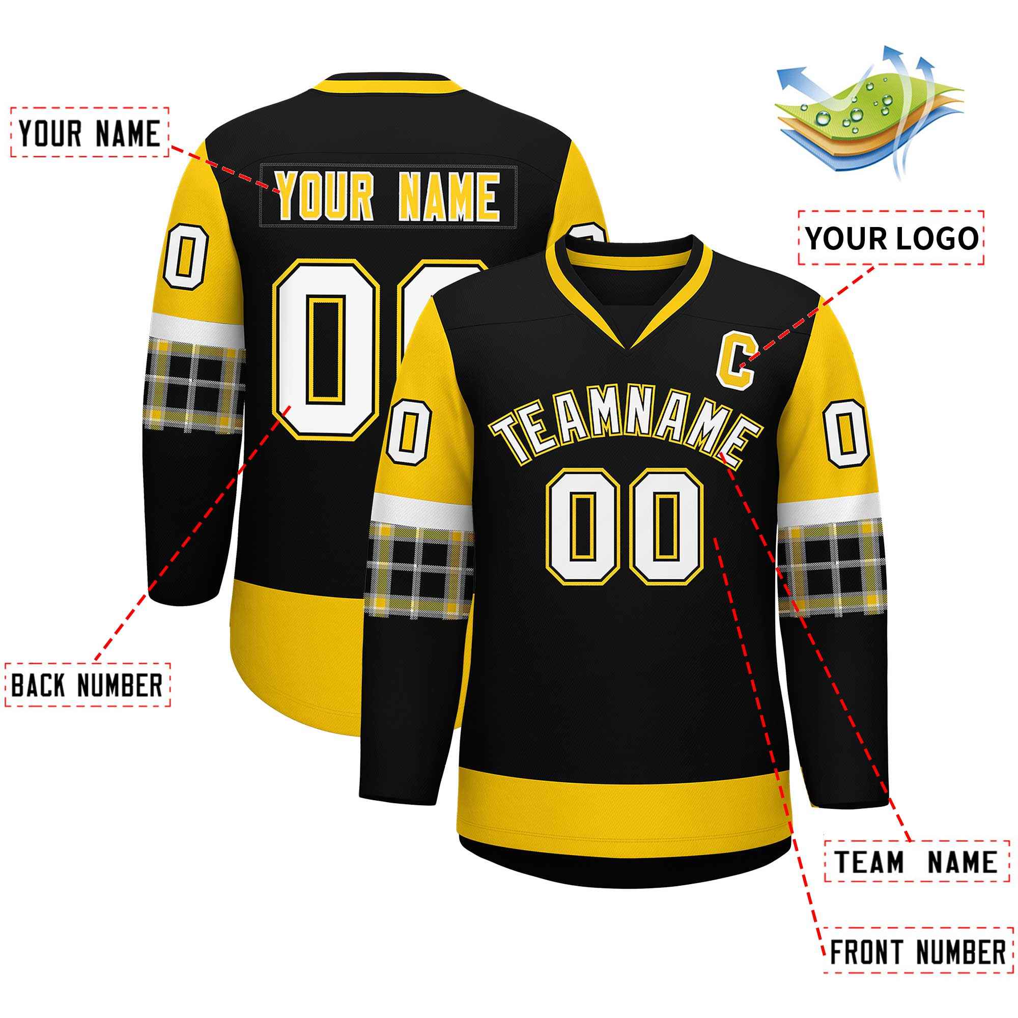 Custom Black Gold-White Personalized Raglan Sleeves V-Neck Hockey Jersey