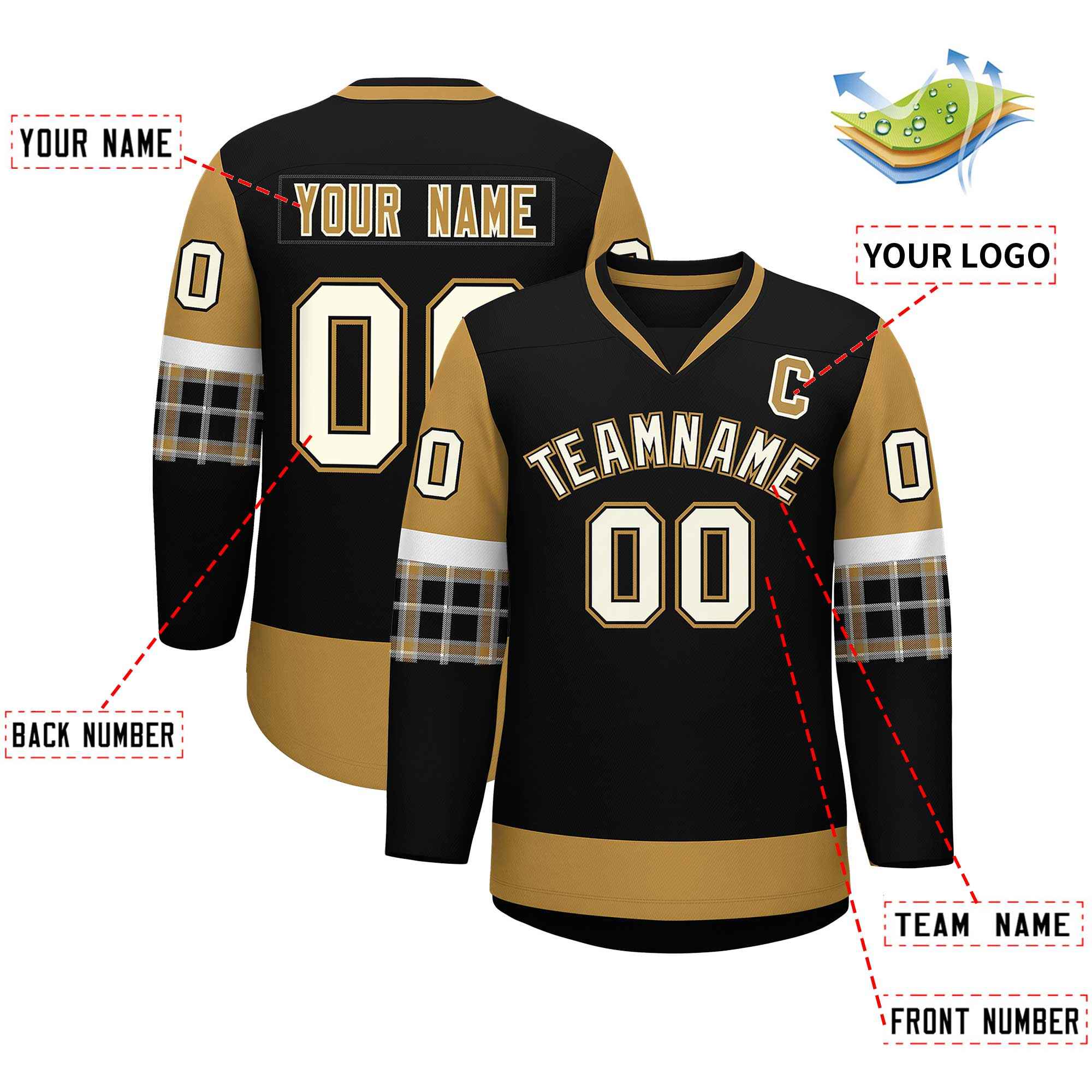 Custom Black Old Gold-White Personalized Raglan Sleeves V-Neck Hockey Jersey