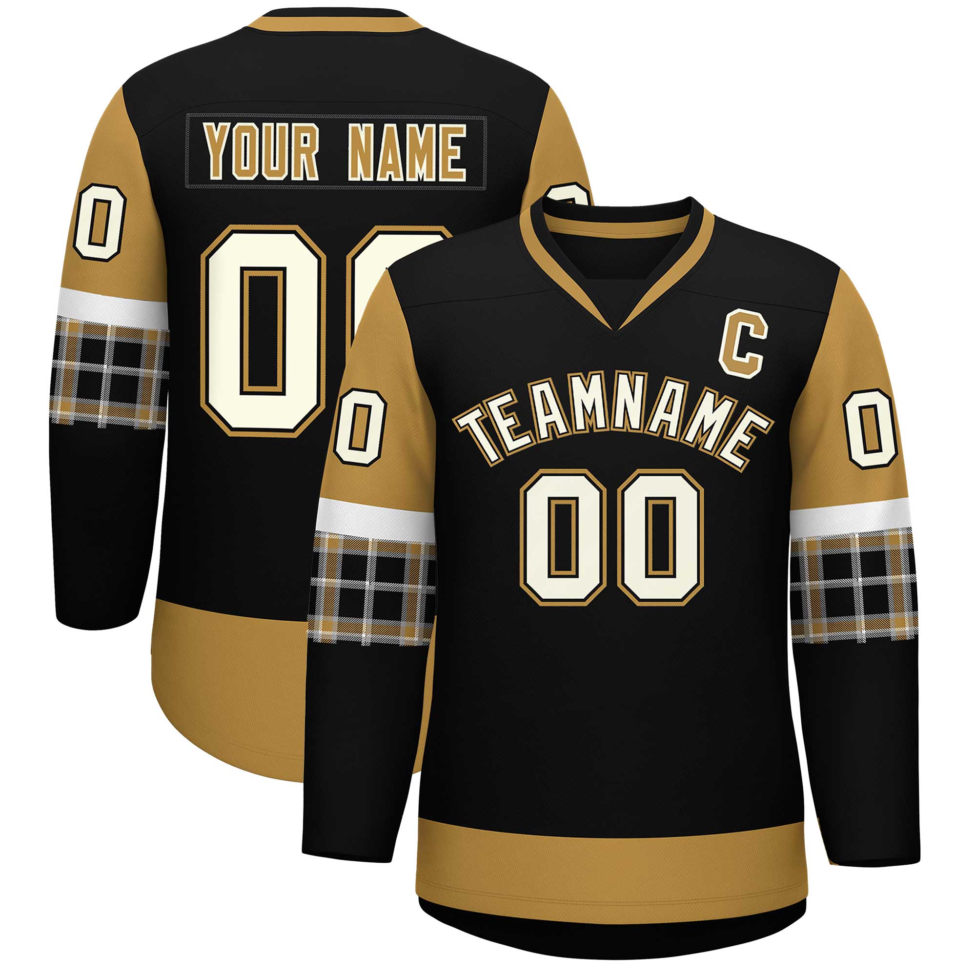 Custom Black Old Gold-White Personalized Raglan Sleeves V-Neck Hockey Jersey