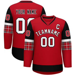 Custom Red Black-White Personalized Raglan Sleeves V-Neck Hockey Jersey