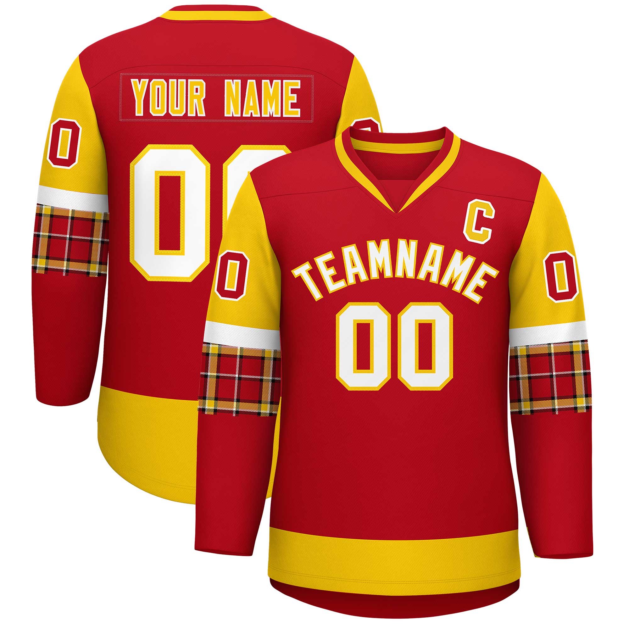 Custom Red Gold-White Personalized Raglan Sleeves V-Neck Hockey Jersey