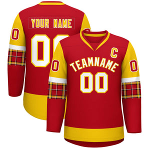 Custom Red Gold-White Personalized Raglan Sleeves V-Neck Hockey Jersey