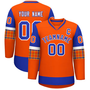 Custom Orange Royal-Royal Personalized Raglan Sleeves V-Neck Hockey Jersey