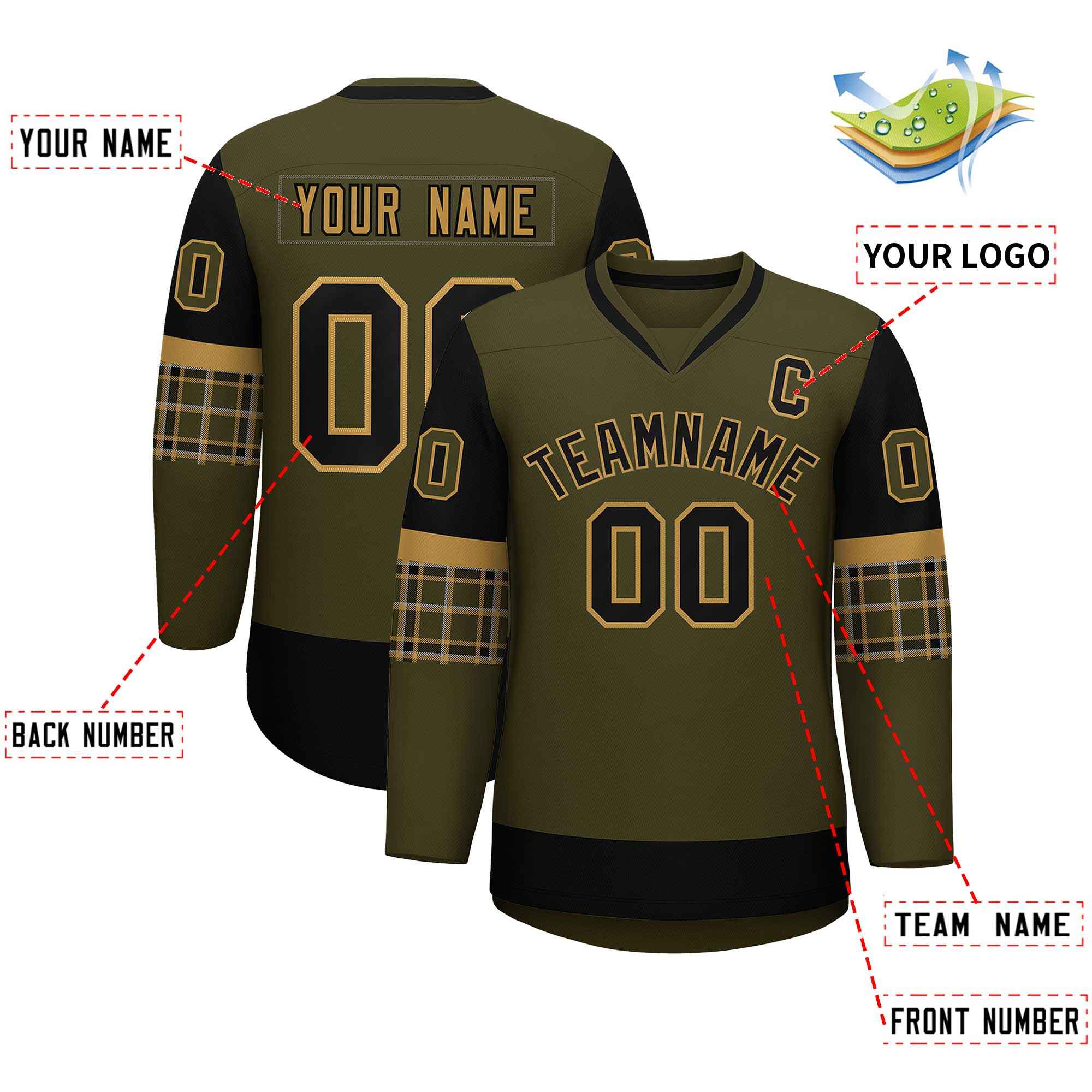 Custom Olive Brown-Black Personalized Raglan Sleeves V-Neck Hockey Jersey