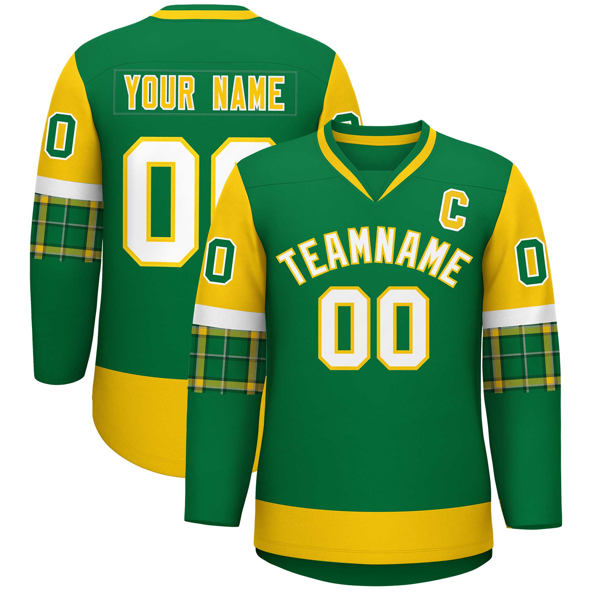 Custom Kelly Green Gold-White Personalized Raglan Sleeves V-Neck Hockey Jersey