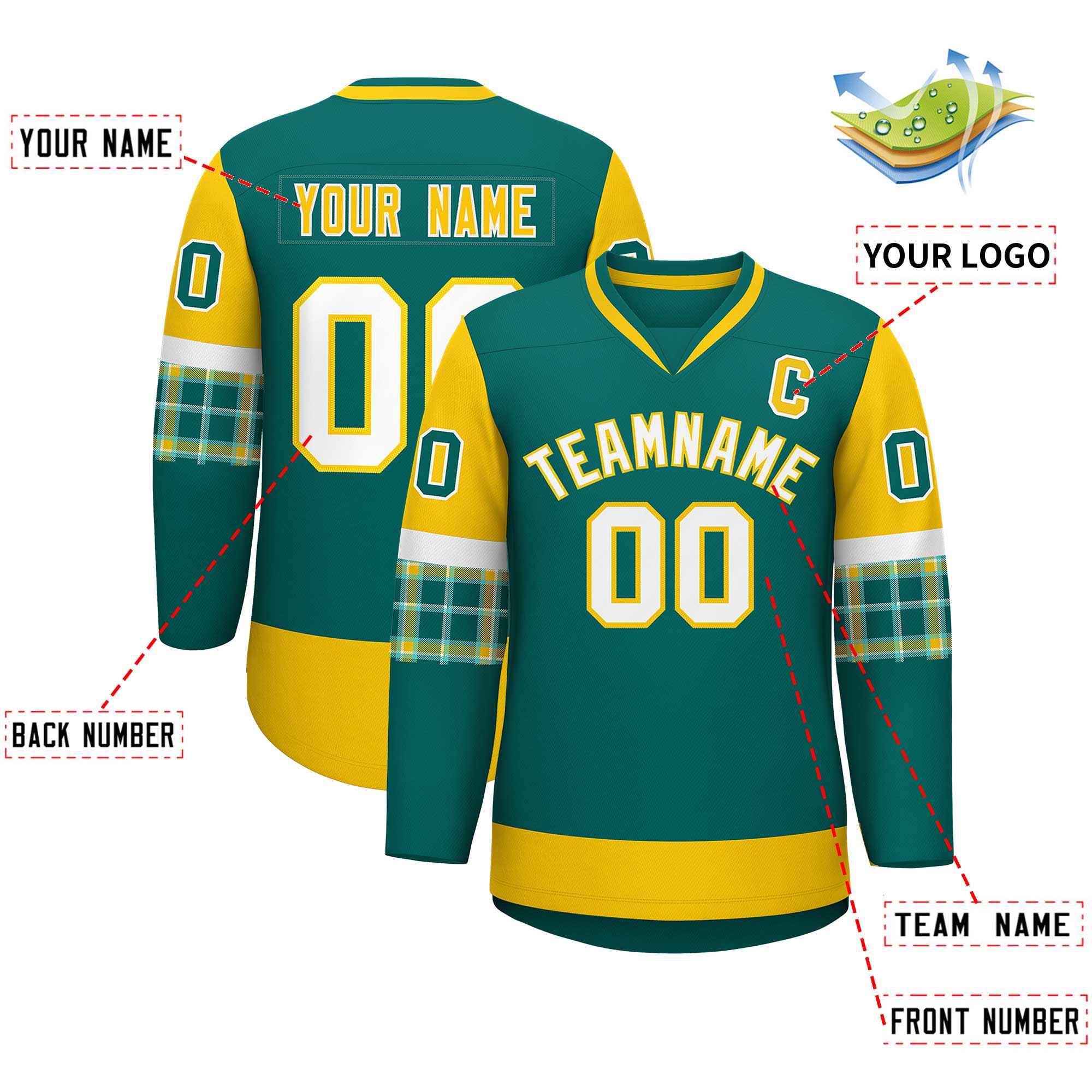 Custom Aqua Gold-White Personalized Raglan Sleeves V-Neck Hockey Jersey