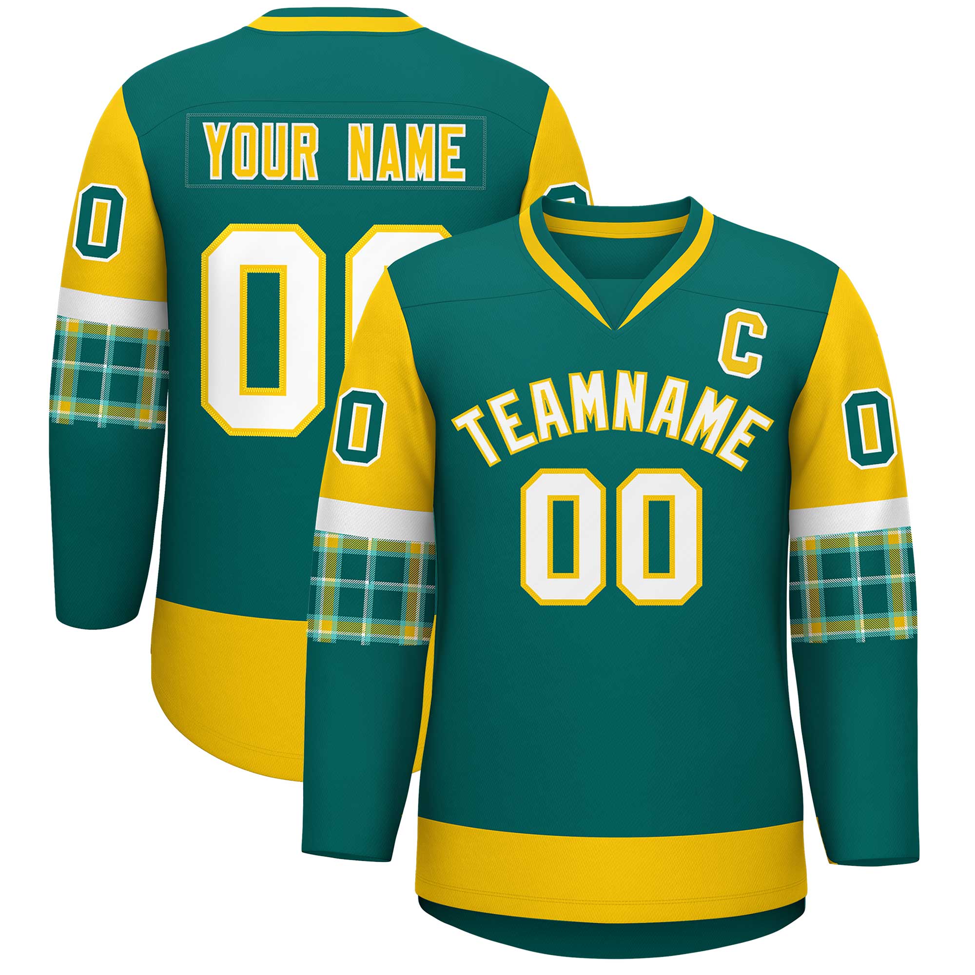 Custom Aqua Gold-White Personalized Raglan Sleeves V-Neck Hockey Jersey