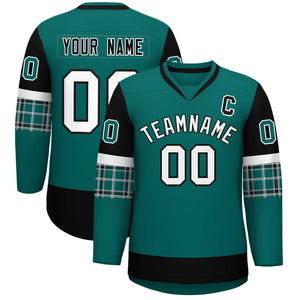 Custom Aqua Black-White Personalized Raglan Sleeves V-Neck Hockey Jersey