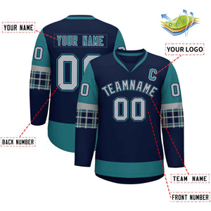 Custom Navy Aqua-Gray Personalized Raglan Sleeves V-Neck Hockey Jersey