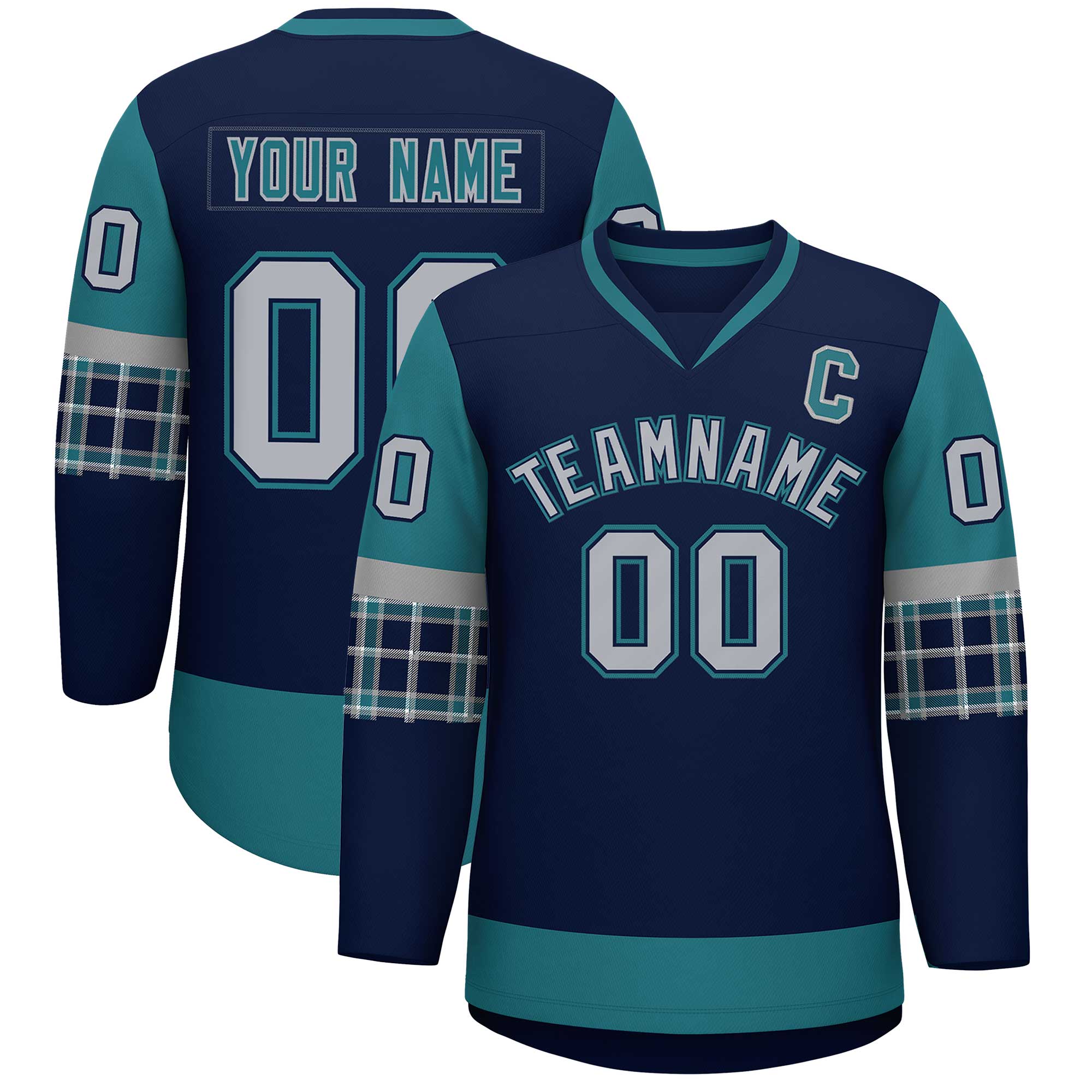 Custom Navy Aqua-Gray Personalized Raglan Sleeves V-Neck Hockey Jersey