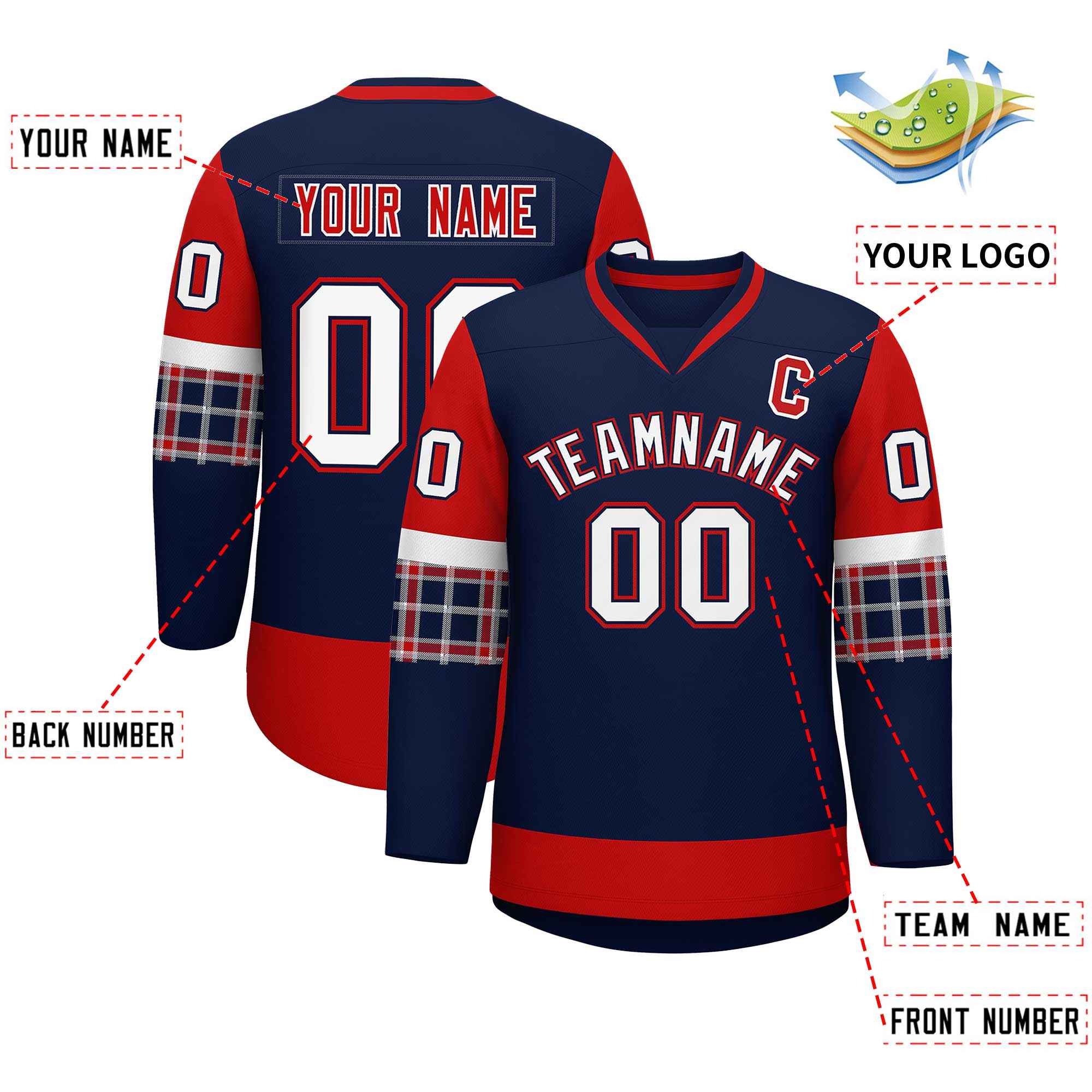 Custom Navy Red-White Personalized Raglan Sleeves V-Neck Hockey Jersey