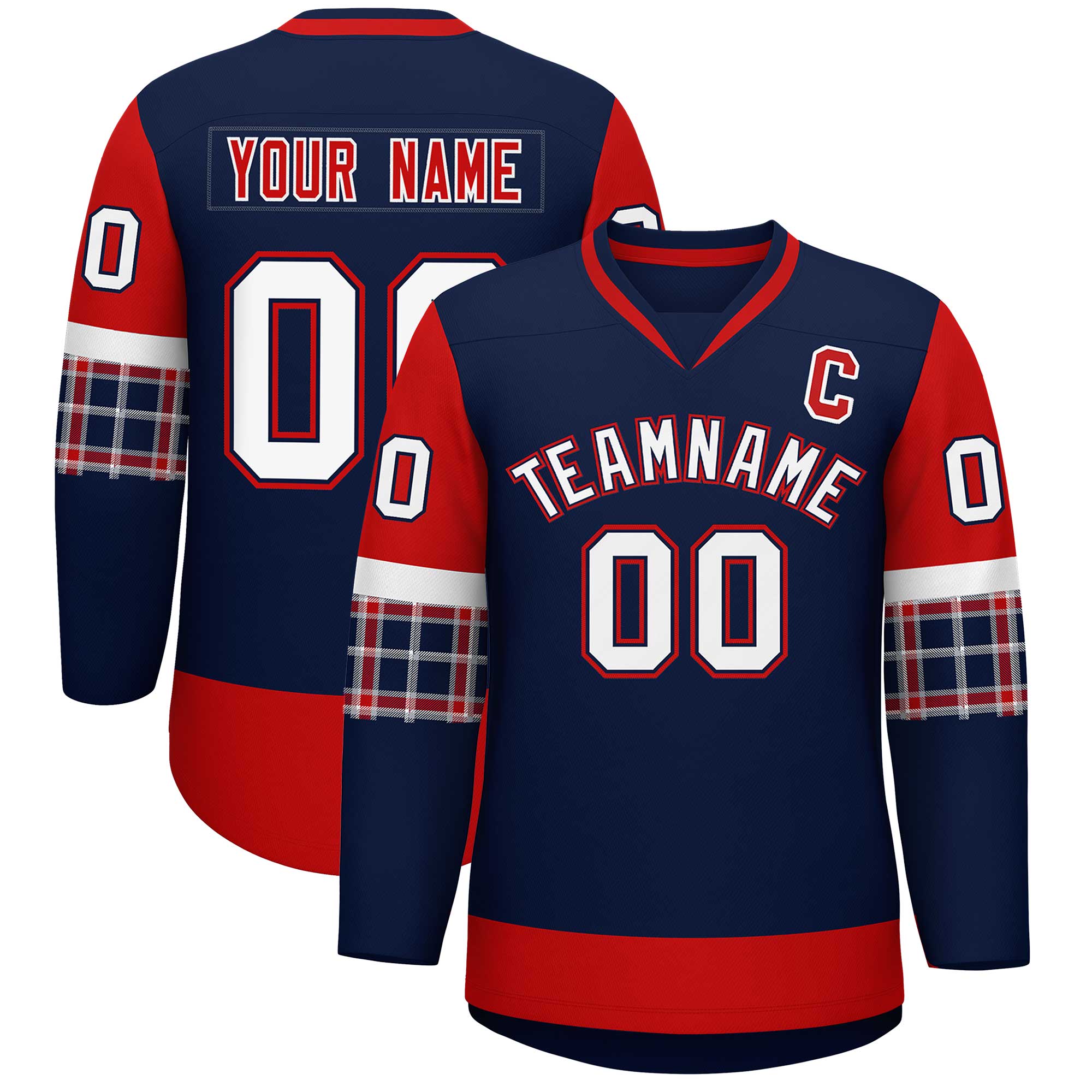 Custom Navy Red-White Personalized Raglan Sleeves V-Neck Hockey Jersey