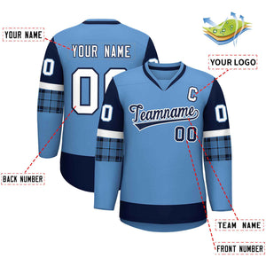 Custom Light Blue Navy-White Personalized Raglan Sleeves V-Neck Hockey Jersey